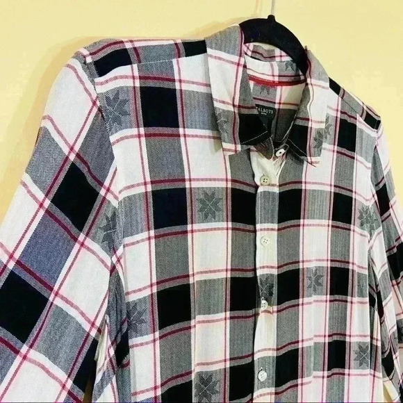 Talbots Snowflake Plaid Soft Button Down Rayon Lightweight Long Sleeve Top (LP) - Picture 8 of 16